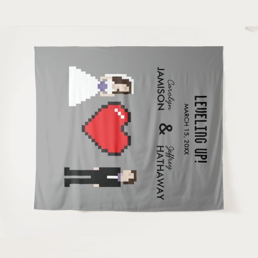 Nerdy 8-bit hart trouw- of verlovingsachtergrond wandkleed (Voorkant (horizontaal))