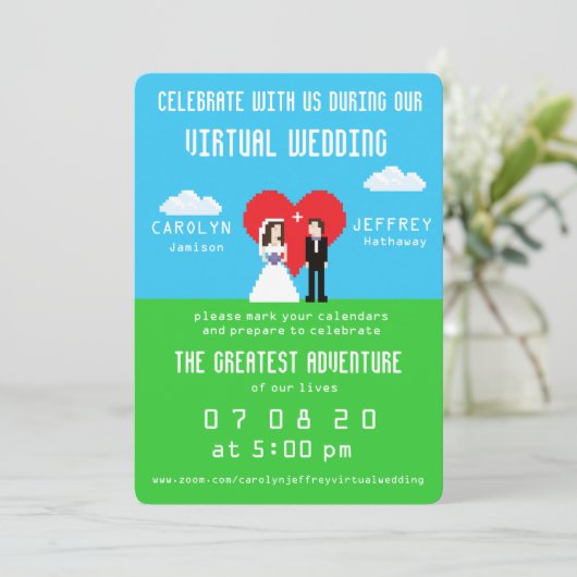 Nerdy 8-bits Bride & Groom Virtual Wedding Invites Save The Date (Staand voorkant)