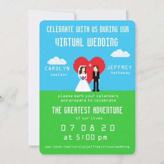 Nerdy 8-bits Bride & Groom Virtual Wedding Invites Save The Date (Voorkant)