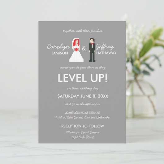 Nerdy 8-bits Bride & Groom Wedding Invitation Kaart (Staand voorkant)