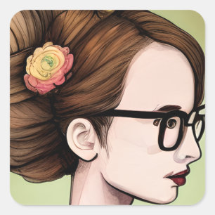 Nerdy Aziatisch Meisje   Smart Lady Artsy Vierkante Sticker