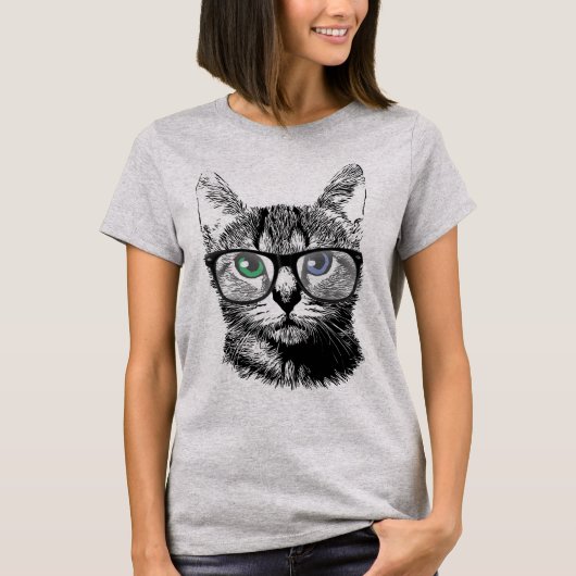 Nerdy Cat Hipster Kitten in glas T-shirt (Voorkant)