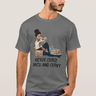 Nerdy Curly Inked and Curvy Reading Books Tattoo L T-shirt