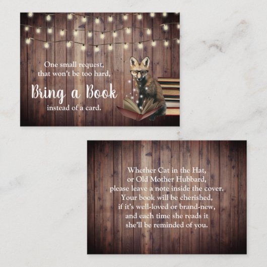 Nerdy Fox Breng een boek Rustiek Baby shower Inser Informatiekaartje (Voorkant / Achterkant)