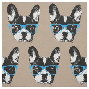 Nerdy French Bulldog Hipster Dog Pattern Beige Stof
