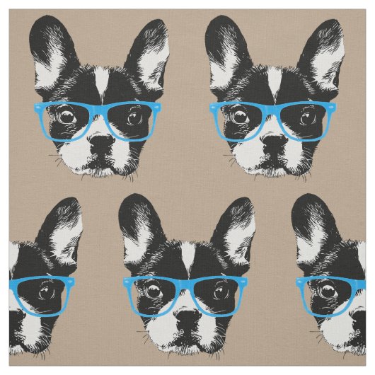 Nerdy French Bulldog Hipster Dog Pattern Beige Stof (Swatch)