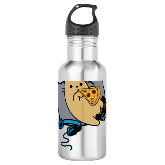 Nerdy Gamer Cat Pizza Loading Game Pause Waterfles (Voorkant)
