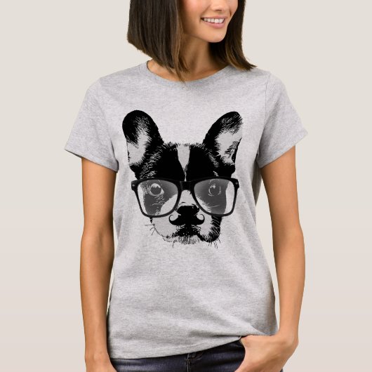 Nerdy Mustache French Bulldog Hipster Dog T-shirt (Voorkant)