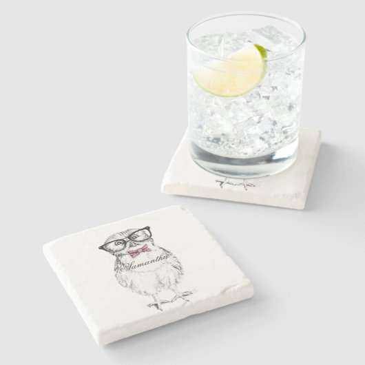 Nerdy Owlet Ink drawing Stenen Onderzetter (Zijkant)