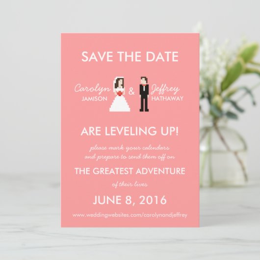 Nerdy Pink 8-bits bride & Groom Save the Dates Save The Date (Staand voorkant)
