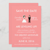 Nerdy Pink 8-bits bride & Groom Save the Dates Save The Date (Voorkant / Achterkant)