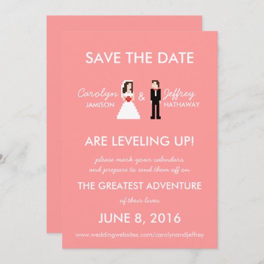 Nerdy Pink 8-bits bride & Groom Save the Dates Save The Date (Voorkant / Achterkant)