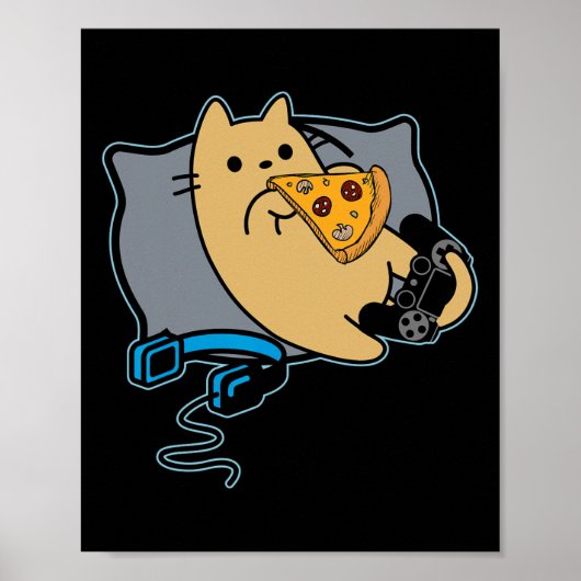 Nerdy Pizza Eating Gamer Cat Game Paused Poster (Voorkant)
