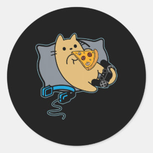 Nerdy Pizza Eating Gamer Cat Game Paused Ronde Sticker