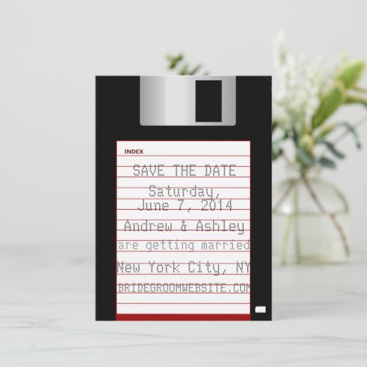 Nerdy Trouwdag Save The Date Floppy Disk (Staand voorkant)