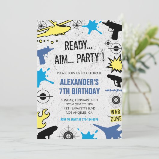 Nerf verjaardagsuitnodigingen dart oorlog jagen ki kaart (Staand voorkant)