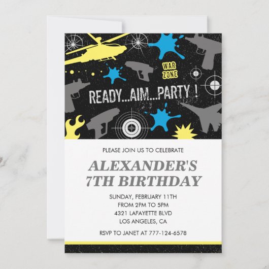 Nerf verjaardagsuitnodigingen dart war water pisto kaart (Voorkant)