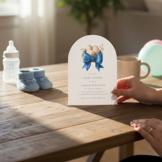 Nesting Bird Blue Bow Baby Shower Invitation Kaart