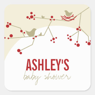 Nesting Bird Family on Branches Modern Baby shower Vierkante Sticker
