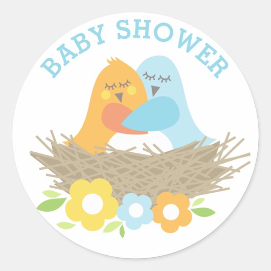 Nesting Birds Spring Baby Jongen Douche Blauw Sina Ronde Sticker (Voorkant)