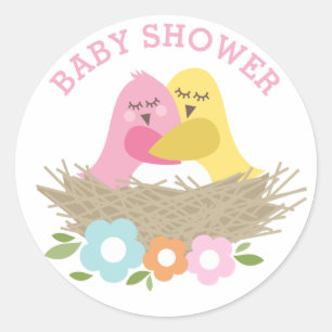 Nesting Birds Spring Baby Meisje Douche Roze Geel Ronde Sticker