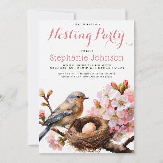 Nesting Party Bird Nest Egg Roze Bloemen Waterverf Kaart (Voorkant)