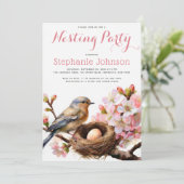 Nesting Party Bird Nest Egg Roze Bloemen Waterverf Kaart (Staand voorkant)