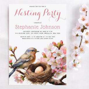 Nesting Party Bird Nest Egg Roze Bloemen Waterverf Kaart