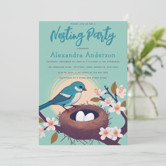 Nesting Party Blauwe Vogel Nest Eieren Bloesem Blo Kaart (Staand voorkant)