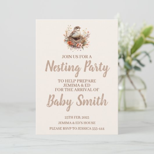 Nesting Party Neutrale Uitnodiging met Vogelnest (Staand voorkant)