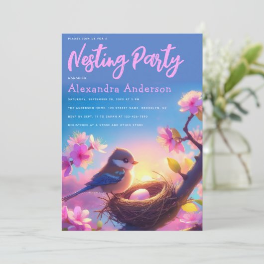 Nesting Party Schattigee Vogel & Ei Bloemen Roze B Kaart (Staand voorkant)