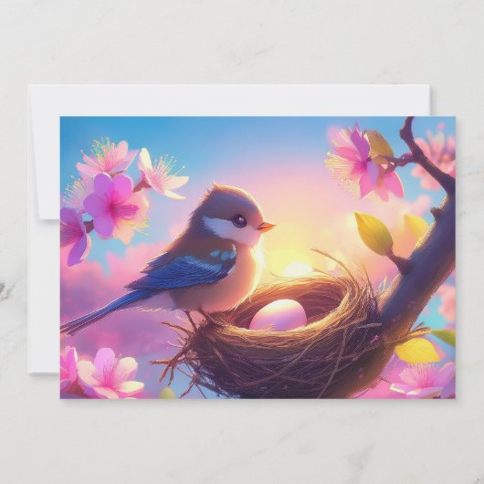 Nesting Party Schattigee Vogel & Ei Bloemen Roze B Kaart (Achterkant)