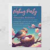 Nesting Party Vogel Nest Ei Blauw Roze Bloesem Kaart (Voorkant)