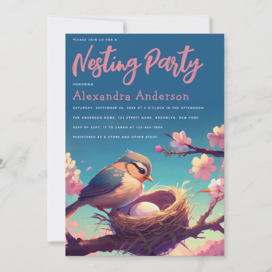 Nesting Party Vogel Nest Ei Blauw Roze Bloesem Kaart (Voorkant)