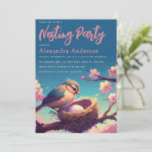 Nesting Party Vogel Nest Ei Blauw Roze Bloesem Kaart (Staand voorkant)