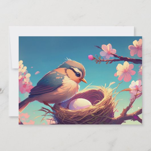Nesting Party Vogel Nest Ei Blauw Roze Bloesem Kaart (Achterkant)