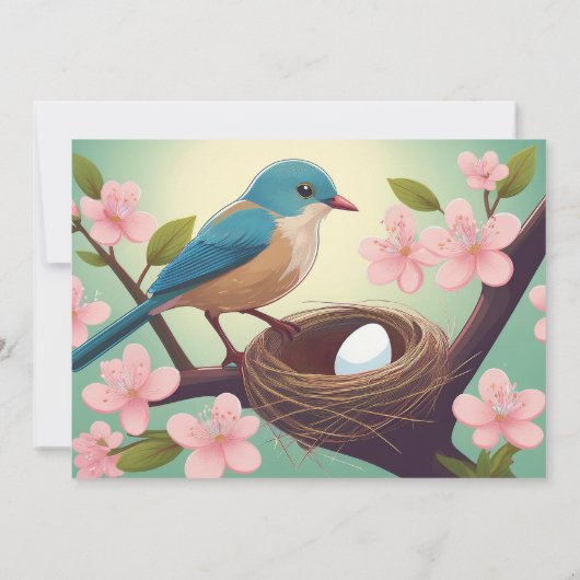 Nesting Party Vogel Nest Ei Groen Roze Bloesem Kaart (Achterkant)