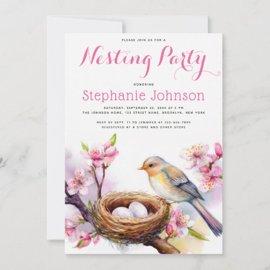 Nesting Party Waterverf Vogelnest Twee Eieren Bloe Kaart (Voorkant)