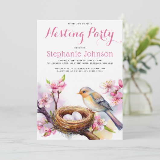 Nesting Party Waterverf Vogelnest Twee Eieren Bloe Kaart (Staand voorkant)