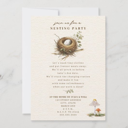 Nesting Party Woodland Mushroom Neutral Baby Kaart (Voorkant)