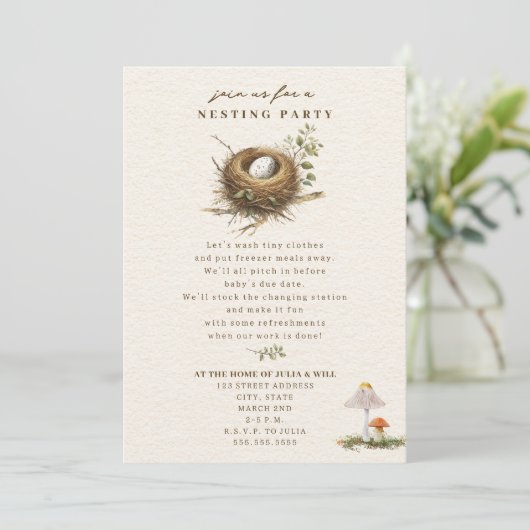 Nesting Party Woodland Mushroom Neutral Baby Kaart (Staand voorkant)