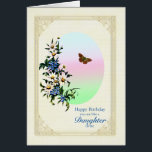 Net als een Daughter Birthday met Flowers<br><div class="desc">Een mooie bloemetjesverjaardagskaart voor iemand die als een dochter voor je is. Een mooi boeket van blauwe en witte bloemen met een bruine vlinder tijdens de vlucht. Het afbeelding heeft een delicaat gouden lijst.</div>