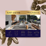 Net beursgenoteerde Navy & Gold Real Estate Market Briefkaart<br><div class="desc">Modern Navy Blue and Gold Just listed Real Estate marketing briefkaart met ruimte voor uw logo, foto's van onroerend goed en details van onroerend goed met iconen. Dit aanpasbare marine en faux gold Property For Sale promotionele briefkaart is voorzien van een professioneel ontwerp met ruimte voor uw aangepaste tekst en...</div>