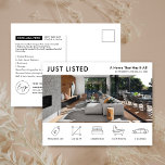 Net beursgenoteerde woning Moderne onroerend goed  Briefkaart<br><div class="desc">Modern Just listed Real Estate marketing briefkaart met ruimte voor uw logo, foto's van onroerend goed en details van onroerend goed met pictogrammen. Dit volledig aanpasbare zwart-wit onroerend goed te koop promotionele briefkaart is voorzien van een professioneel ontwerp met ruimte voor uw aangepaste tekst en eigendomsgegevens. Een eenvoudige manier om...</div>