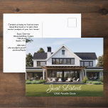 Net genoteerd Huis Foto Vastgoed Marketing Briefkaart<br><div class="desc">Toon uw nieuwe home listings met deze moderne marketing briefkaarten met witte script overlay die net boven het huisadres en aanpasbare foto lezen. Stuur deze chique, minimalistische briefkaarten om potentiële nieuwe kopers of klanten aan te trekken in uw vastgoedgebied. Pas aan met de naam van uw vastgoedbedrijf en de contactgegevens...</div>