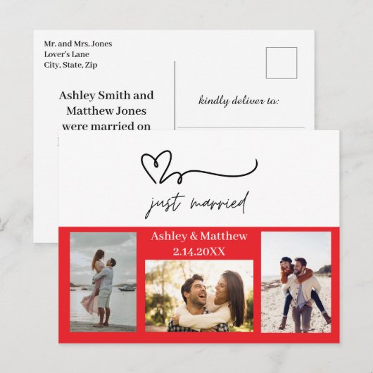 Net getrouwd 3 foto bruiloft aankondiging briefkaart (Voorkant / Achterkant)