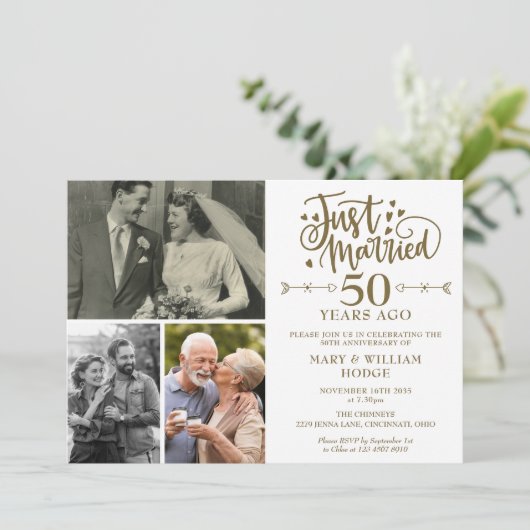 Net getrouwd 50e bruiloft Jubileum 3 Foto Kaart (Staand voorkant)