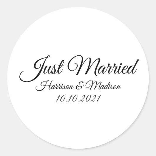 Net Getrouwd, aangepaste namen zwart wit schrift Ronde Sticker (Voorkant)