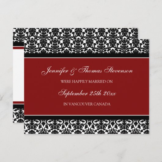 Net getrouwd aankondiging Briefkaarten Red Damask (Voorkant / Achterkant)