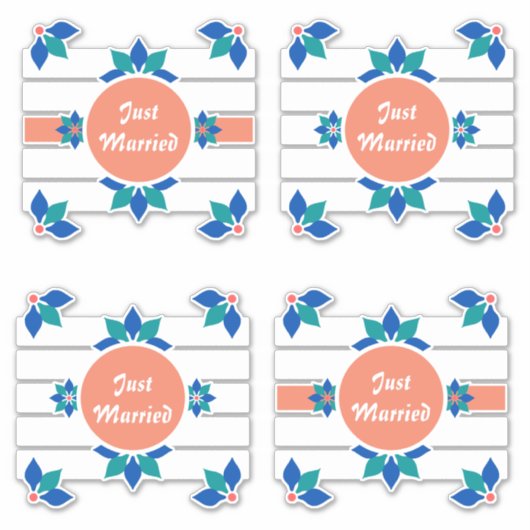 Net getrouwd Blauwe Bloemen Witte stippen Sticker (Voorkant)